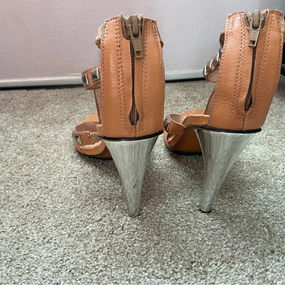 7 For All Mankind Tan Leather Stud T-Strap Heels